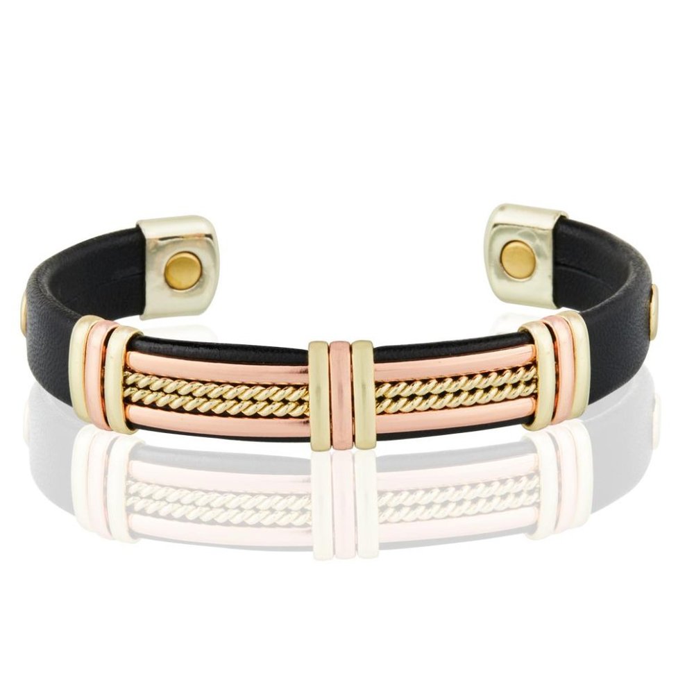 Two Tone Copper Leatherette Magnetic Bracelet Arthritis Pain Therapy Cuff Bangle